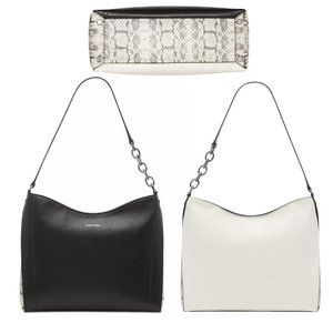 Calvin Klein Colorblocked Leather Bag with Chain Strap and Faux Snake Trim